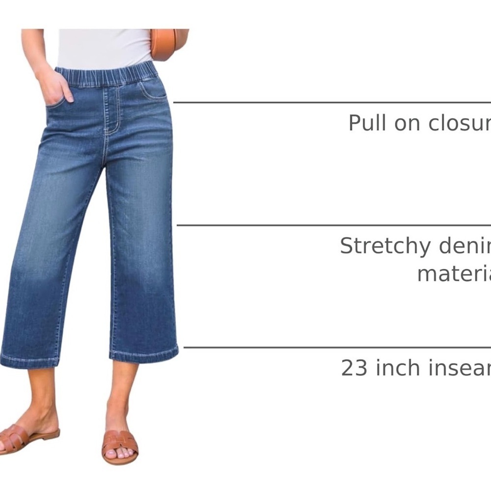 Large (fits 12 /14) pull on elastic waist wide leg cropped jeans medium wash - Picture 16 of 17